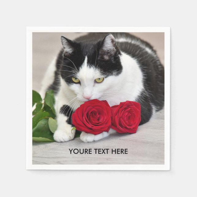 Serviette En Papier Joli chat avec la rose rouge (Devant)
