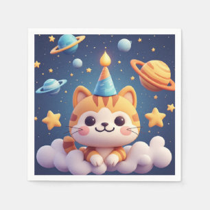 Serviette En Papier Joli chat de dessin animé sur un nuage avec un cha