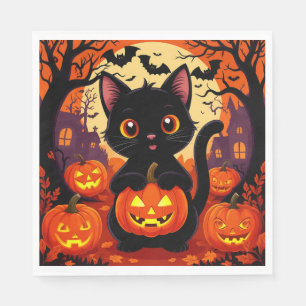 Serviette En Papier Joli Chat Noir avec des Citrouilles d'Halloween