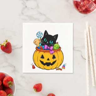 Serviette En Papier Joli Chat Noir dans un Seau de Citrouille Hallowee