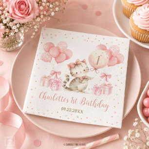 Serviette En Papier Joli Chaton Chat Ballons Roses 1er 2ème 3ème Anniv