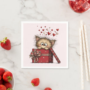 Serviette En Papier Joli chaton de dessin animé avec des cœurs