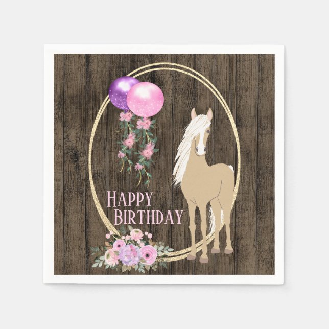 Serviette En Papier Joli Cheval et Fleurs sur Barnwood Anniversaire (Devant)