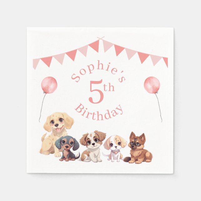 Serviette En Papier Joli Chien Chien Rose fille Anniversaire (Devant)