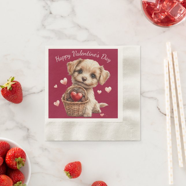 Serviette En Papier Joli chiot de la Saint-Valentin avec coeurs rouges (En situation)