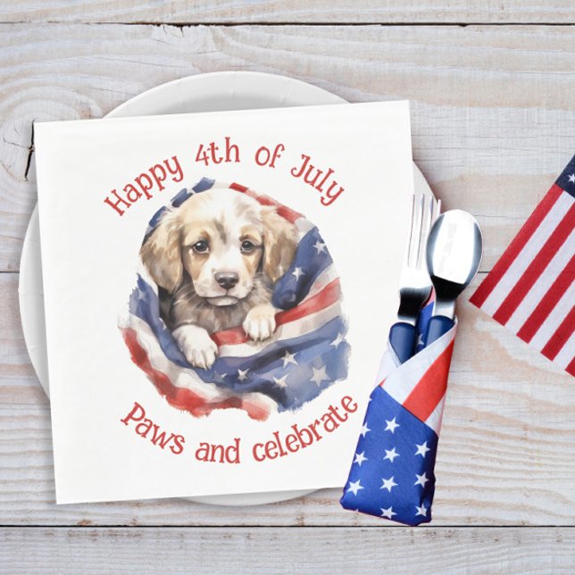 Serviette En Papier Joli chiot drapeau américain rouge blanc bleu Joye (American flag and puppy 4th of July paper napkins)