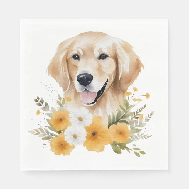Serviette En Papier Joli chiot Golden Retriever aquarelle florale de c (Devant)