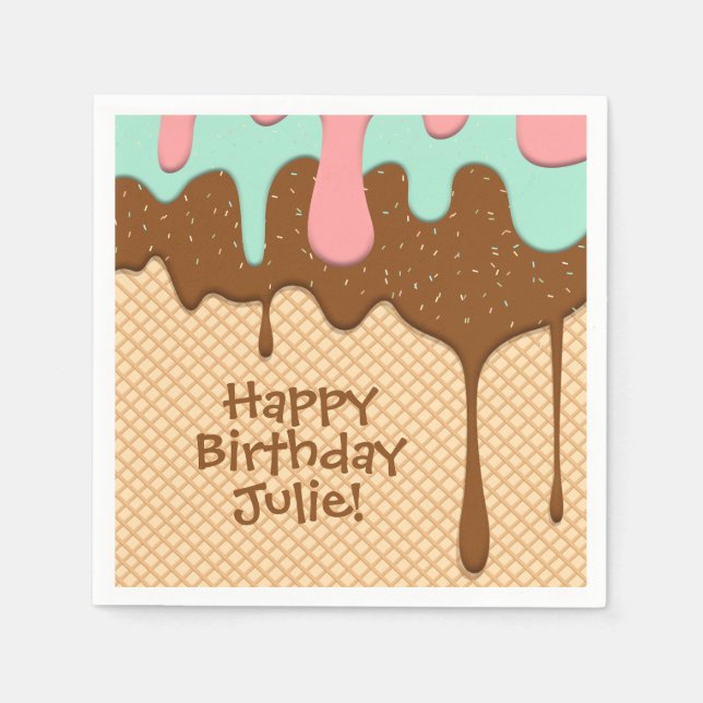 Serviette En Papier joli cône de glace rose, menthe et chocolat (Devant)