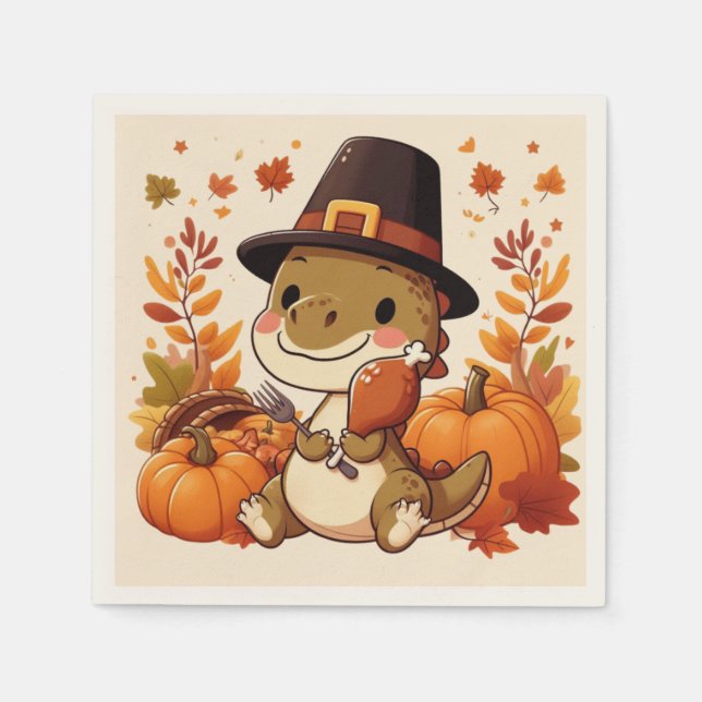 Serviette En Papier Joli dinosaure de Thanksgiving (Devant)