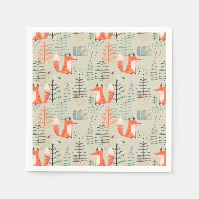 Serviette En Papier Joli Doodle Fox Forest Motif de bois (Devant)