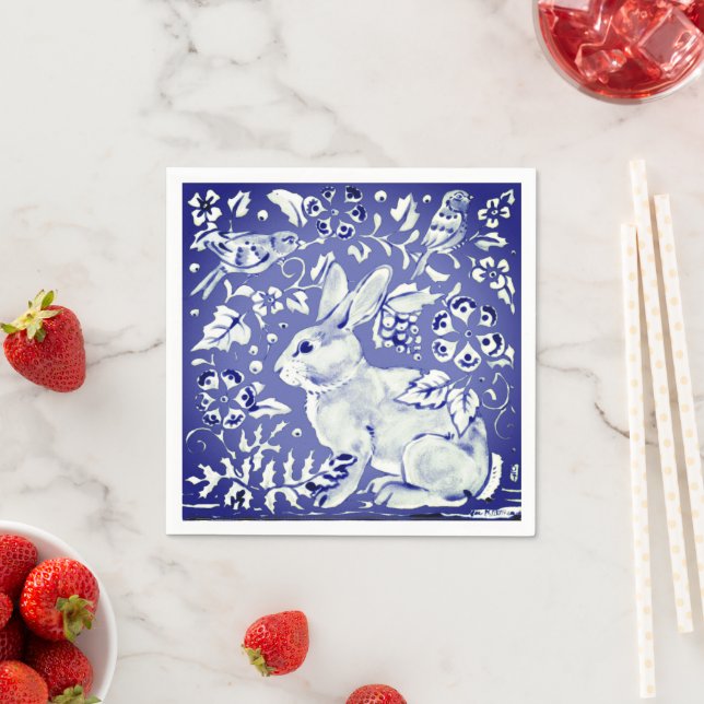 Serviette En Papier Joli Elegant Blue Birds Rabbit dans Flower Garden (En situation)