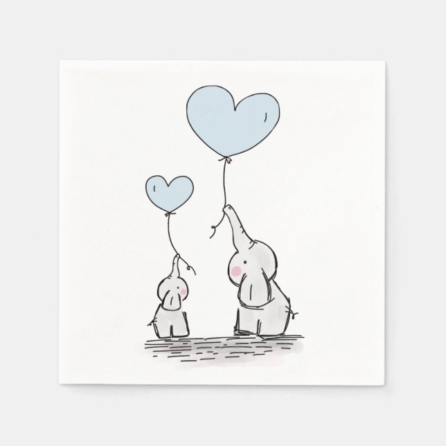 Serviette En Papier Joli Eléphant Bleu Coeur Ballons Baby shower garço (Devant)