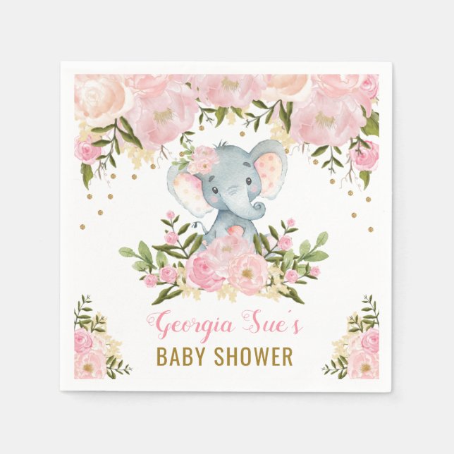 Serviette En Papier Joli Eléphant rose / Aquarelle féminine Floral (Devant)