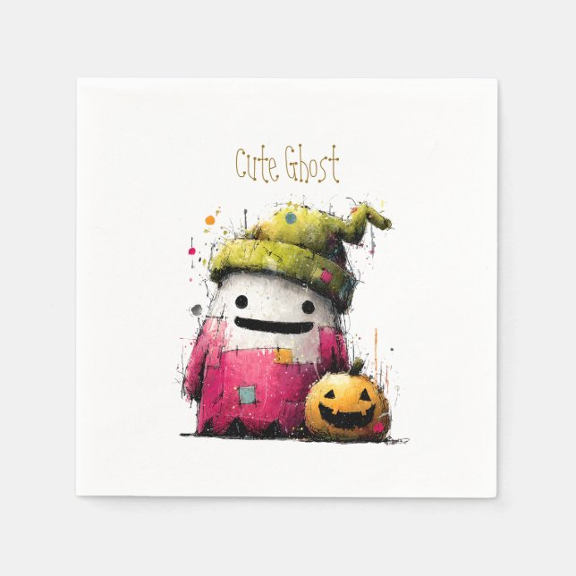 Serviette En Papier Joli fantôme en patchwork aquarelle pour Halloween (Devant)