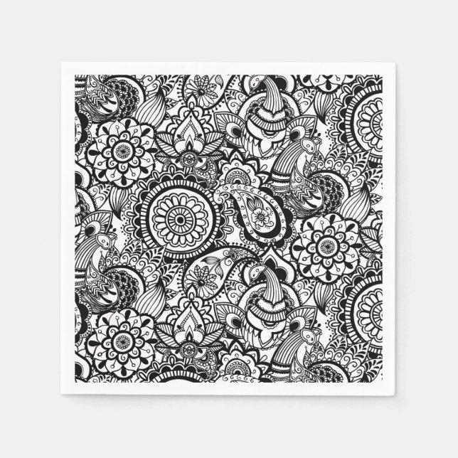 Serviette En Papier Joli floral paisley noir blanc (Devant)