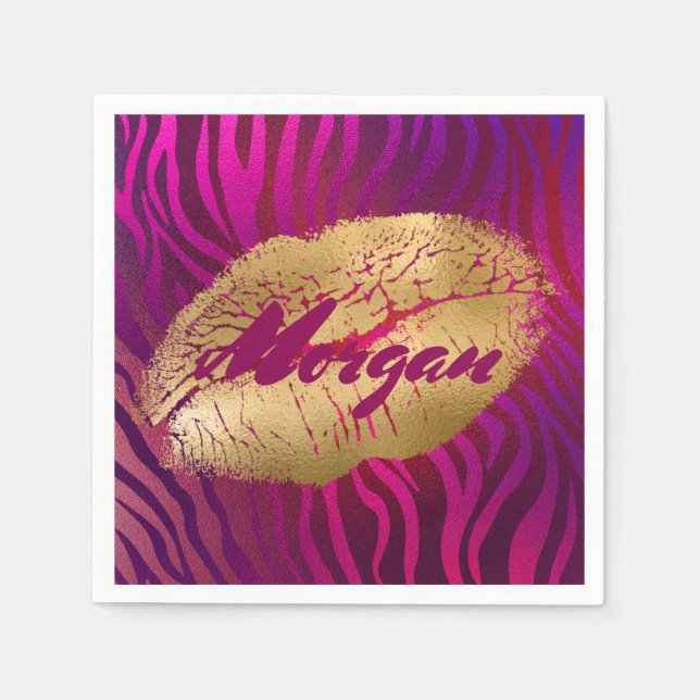 Serviette En Papier Joli Fuchsia Tiger Stripes Gold Lipstick Print (Devant)