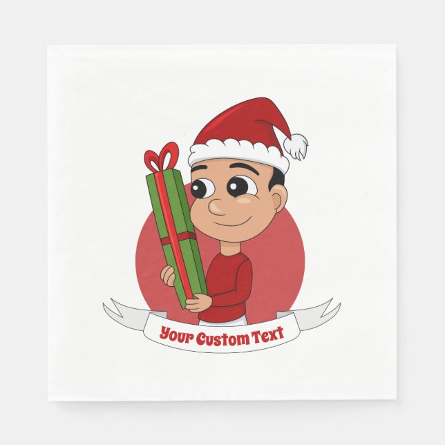 Serviette En Papier Joli garçon de Noël tenant un cadeau (Devant)