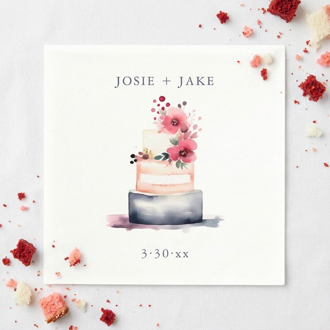 Serviette En Papier Joli gâteau de mariage à l'aquarelle simple (Pretty watercolor wedding cake simple napkins.)