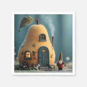 Serviette En Papier Joli gnome debout près d'une chaumière de fée en p