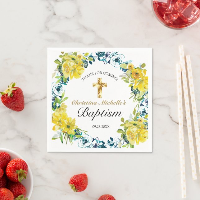 Serviette En Papier Joli Jaune Floral Gold Cross Baptism Réception (En situation)