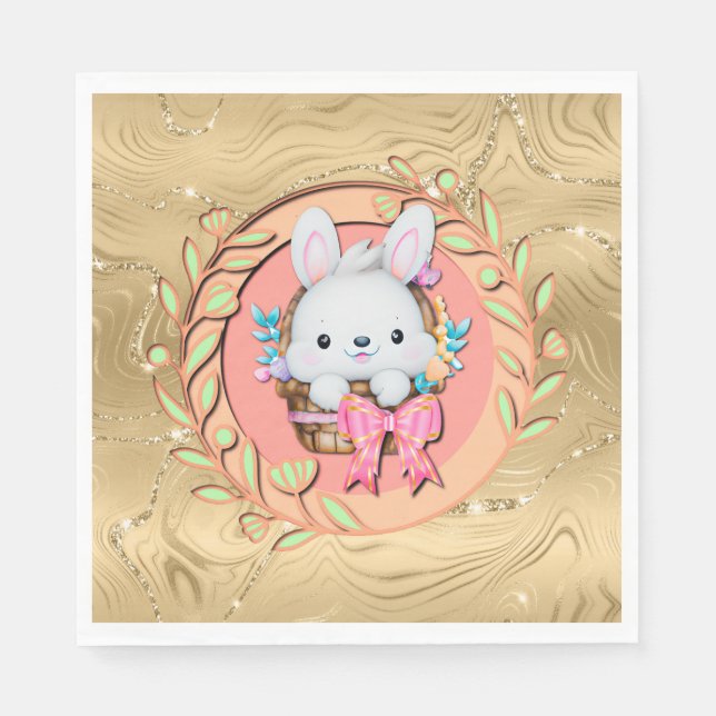 Serviette En Papier Joli lapin de Pâques assis dans le panier (Devant)