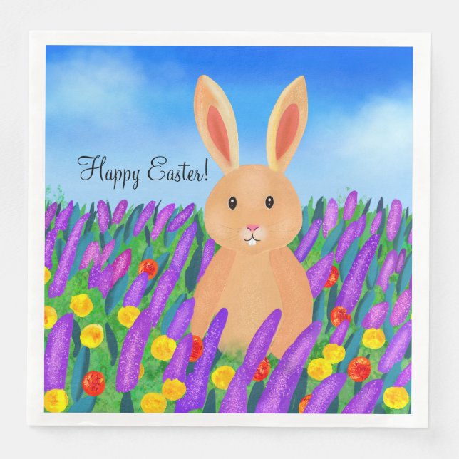 Serviette En Papier Joli lapin de Pâques dans les fleurs (Devant)