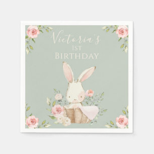 Serviette En Papier Joli Lapin Rose 1 Un Premier Anniversaire Vert