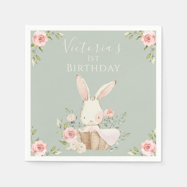 Serviette En Papier Joli Lapin Rose 1 Un Premier Anniversaire Vert (Devant)