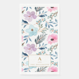 Serviette En Papier Joli monogramme de fleurs aquarelles bleu pastel