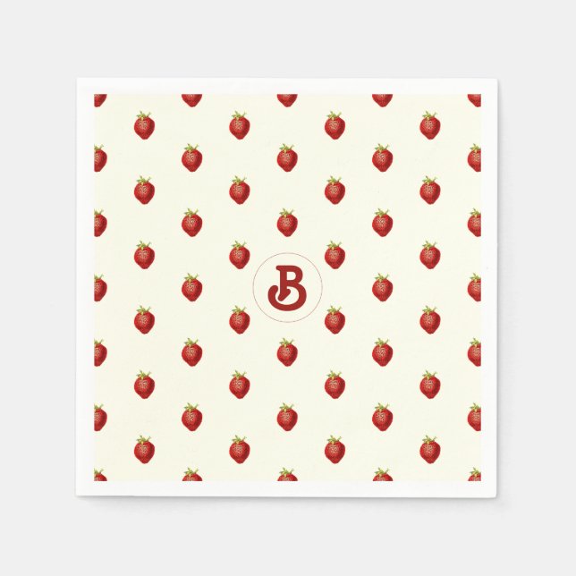 Serviette En Papier Joli Monogramme de Fraise Rouge et Blanc pour Fill (Devant)