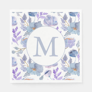 Serviette En Papier Joli monogramme floral aquarelle lilas bleu poussi