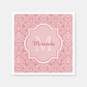 Serviette En Papier Joli Motif de Damas rose Monogramme avec nom