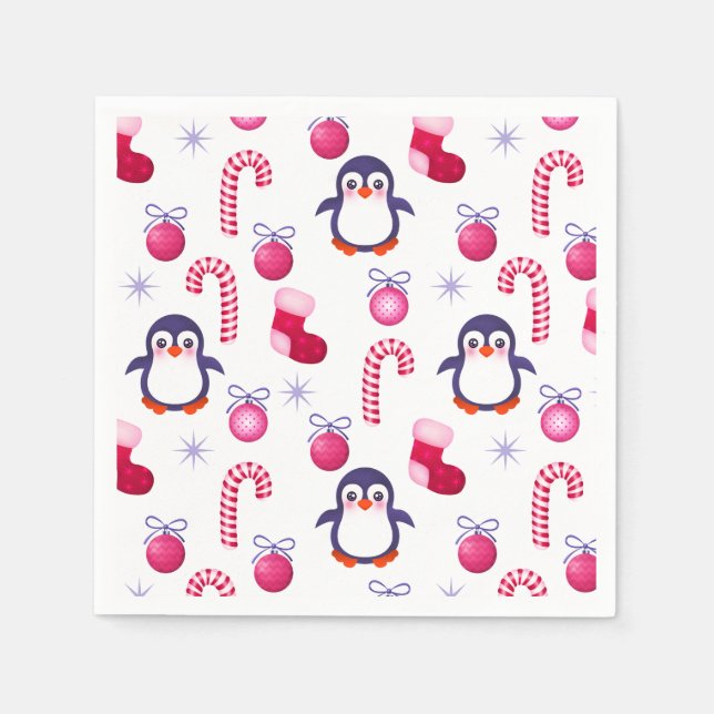 Serviette En Papier Joli Motif de Noël rose et blanc avec des pingouin (Devant)