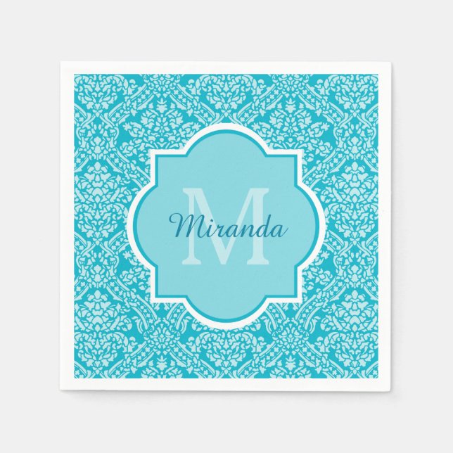 Serviette En Papier Joli Motif Turquoise Damask Monogramme Avec Nom (Devant)