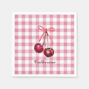 Serviette En Papier Joli Nœud Féminin Cerise Rose Gingham Carreaux Nom