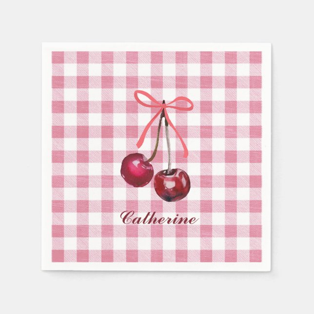 Serviette En Papier Joli Nœud Fillette Rose Cerise Gingham Carreau Nom (Devant)