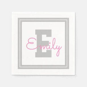 Serviette En Papier Joli nom encadré & monogramme Gris clair & Rose