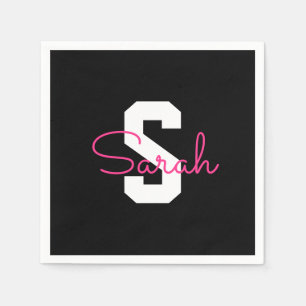 Serviette En Papier Joli nom et monogramme   Noir Blanc & Rose