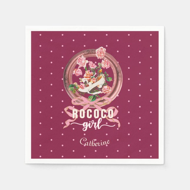 Serviette En Papier Joli Nom Rose Rococo Chaussure Fille Ruban (Devant)