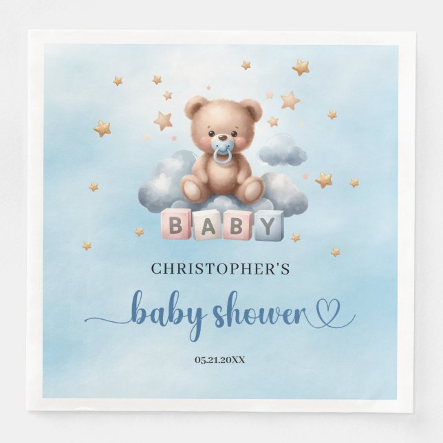 Serviette En Papier Joli ours en peluche bleu et brun baby shower garç (Devant)