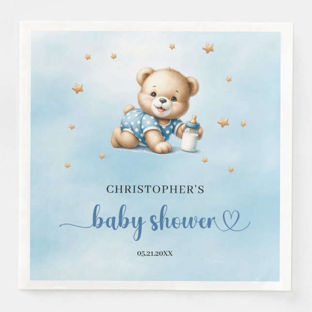 Serviette En Papier Joli ours en peluche brun bleu baby shower garçon (Devant)