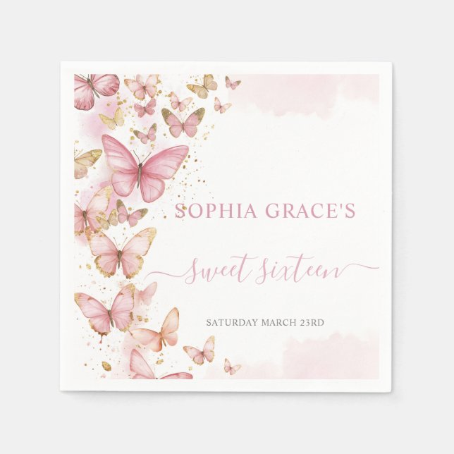 Serviette En Papier Joli papillons rose doux 16 Quinceanera XV 15 (Devant)