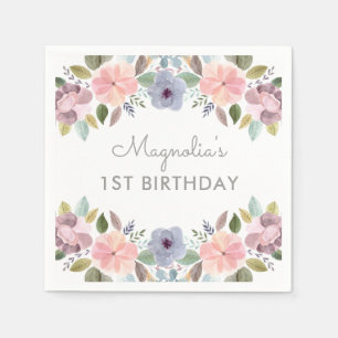 Serviette En Papier Joli Pastel Aquarelle Florale Anniversaire Nom