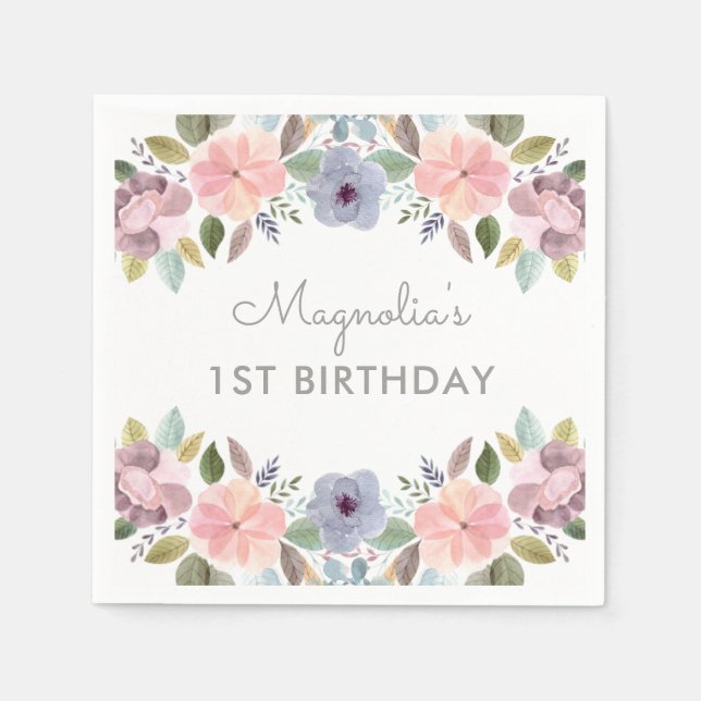 Serviette En Papier Joli Pastel Aquarelle Florale Anniversaire Nom (Devant)