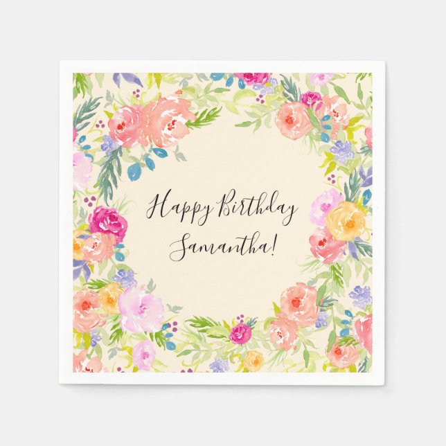 Serviette En Papier Joli Peach rose Aquarelle Fleur anniversaire (Devant)