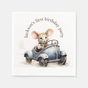 Serviette En Papier Joli Souris Aquarelle dans une Voiture Bleue pour
