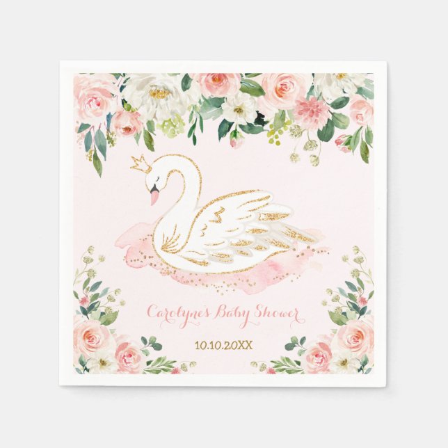 Serviette En Papier Joli Swan Princess Baby shower Rose aquarelle (Devant)
