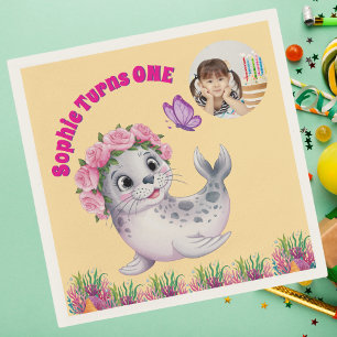 Serviette En Papier Joli Whimsical Floral Sea Lion Photo Anniversaire