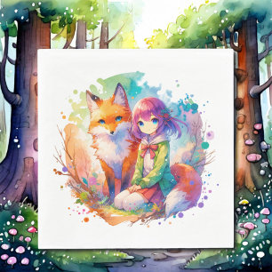 Serviette En Papier Jolie aquarelle Anime Girl et Fox Anniversaire
