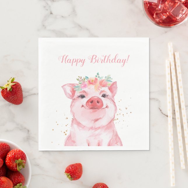 Serviette En Papier Jolie aquarelle Cochon Anniversaire (En situation)